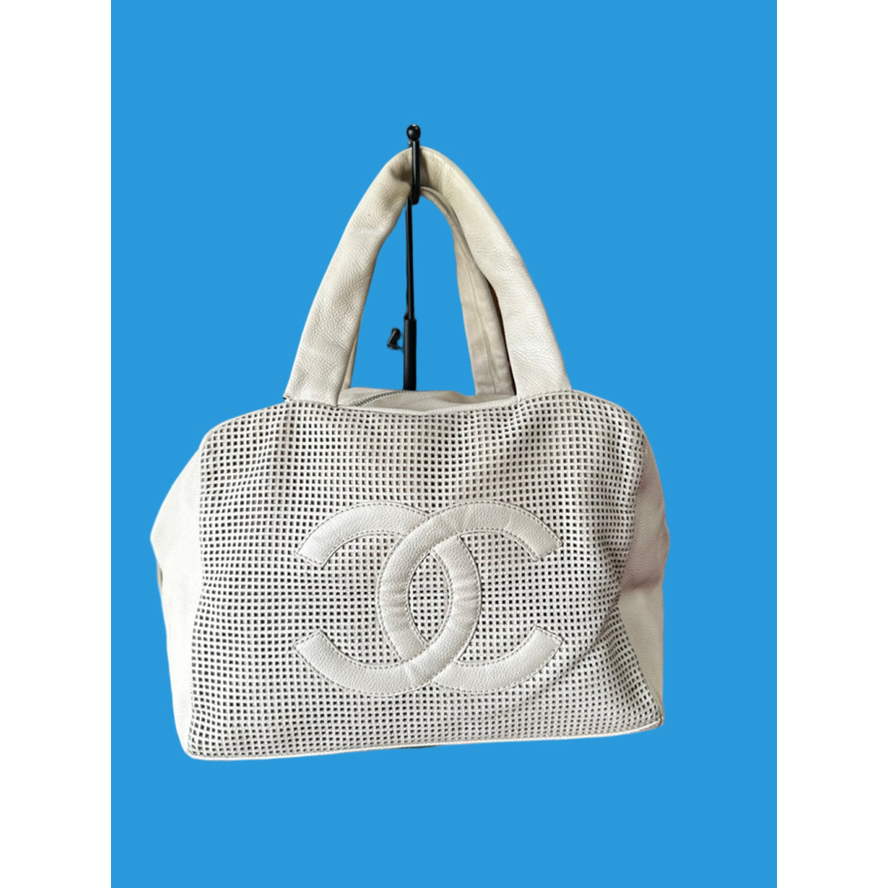 CHANEL Beige Perforated Leather Satchel Bowler Bag - Picture 1 of 16